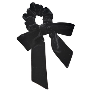 Elegant black velvet hair scrunchie with long bow ribbons in minimalist French style