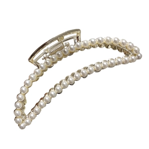 Grande pince à cheveux dorée élégante avec double rangée de perles pour cheveux épais