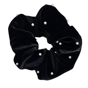 Chouchou élégant en velours noir avec perles blanches pour femmes élastique à cheveux