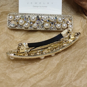Eleganter koreanischer Haarklammer-Set aus Goldmetall mit weißen Perlen und Strasssteinen