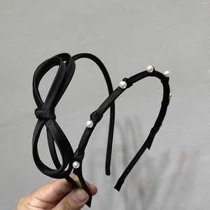 Korean Style Black Satin Bow Headband For Women Elegant Thin Artificial Pearl Hair Band Daily Commute Fashion Hair Accessories