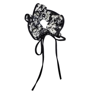 French style floral silk scrunchie with long ribbons and elegant black white pattern