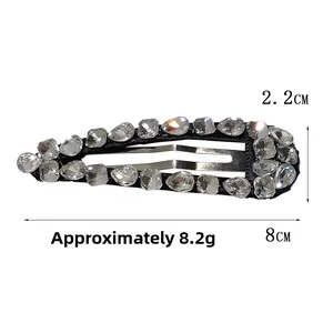 Detail view of crystal water drop BB hair clip showing dimensions 8cm by 2.2cm and 8.2g weight