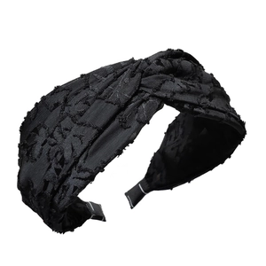 French vintage black wide twist headband with textured jacquard and raw edge fabric