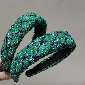Vintage Tweed Sponge Headband For Women Green Sequined High Cranial Top Hair Hoop Padded Wide Fashion Hair Accessories