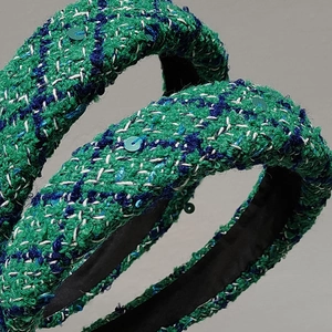 Green tweed sponge headband with sequins for high cranial top and vintage fashion style