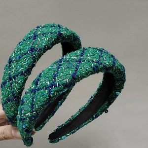 Green tweed headband set with sequins and vintage style wide sponge design for women