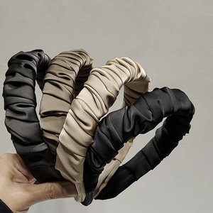 French Retro Wide Pleated Satin Headband For Women Korean Style Solid Color Wrinkled Hair Hoop Elegant Daily Hair Accessories