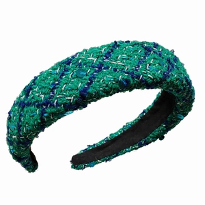 Retro green tweed sponge headband with elegant blue sequins and padded hair hoop style