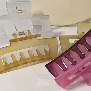 Detail of large matte resin hair claws in tortoiseshell and gradient colors for thick hair