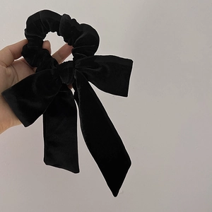 French Vintage Black Velvet Bow Scrunchie With Long Streamers Elegant Handmade Hair Tie Ribbon Ponytail Holder For Women