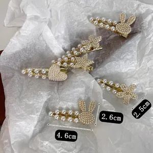 Set de 5 barrettes à cheveux perle fleur lapin avec base alliage or champagne et strass