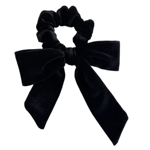 French vintage black velvet oversized bow hair scrunchie with long hanging ribbons