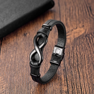 Men's black leather braided infinity bracelet with brushed stainless steel clasp