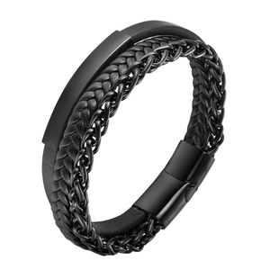 Meerlagige herenarmband van zwart gevlochten leer en roestvrij staal met magnetische sluiting