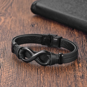 Men Fashion Stainless Steel Infinity Bracelet Leather Braided Hand Ring Minimalist Jewelry Bangle For Daily Casual Style