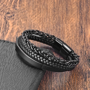 Meerlaagse zwarte lederen armband voor heren met roestvrijstalen ketting en magnetische sluiting