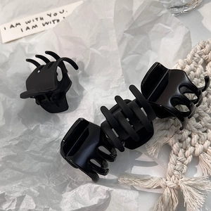Detail view of matte and glossy black claw clips on a neutral textured background