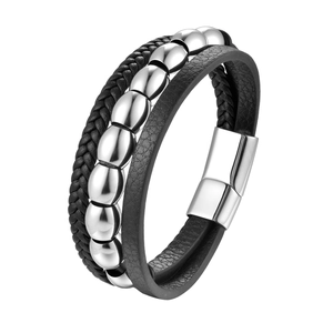 Bracelet multicouche pour homme en cuir tressé noir avec perles en acier et fermoir aimanté