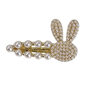 Barrette lapin dorée élégante avec perles blanches et motif floral doux pour femmes