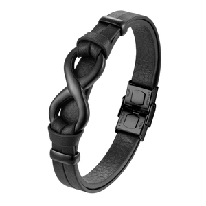 Men's black braided leather infinity bracelet with matte black stainless steel buckle