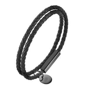 Minimalist double-layered black woven leather bracelet with polished metal magnetic buckle