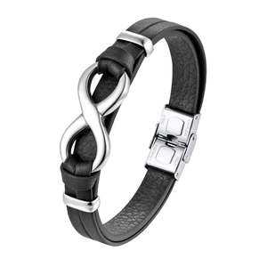Men's infinity stainless steel bracelet with black leather braid on white background