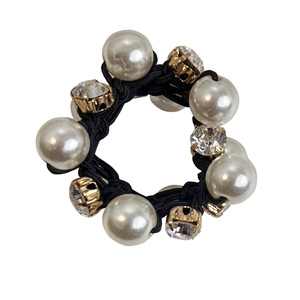Elegant pearl hair tie with clear rhinestones and black elastic band for women