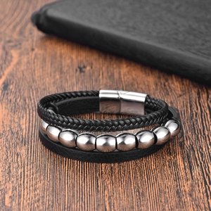 Bracelet multicouche en cuir noir tressé pour homme avec perles en acier poli