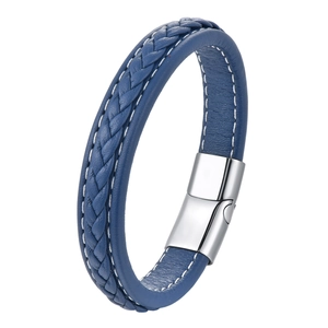 Minimalist navy blue braided leather bracelet with silver magnetic clasp for men