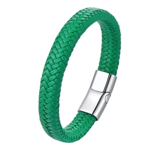 Green leather braided bracelet with polished stainless steel magnetic clasp on white background