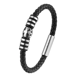 Men's woven black leather bracelet with stainless steel cross charm and magnetic clasp