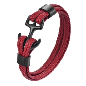 Bracciale ad ancora in pelle intrecciata rossa con chiusura in acciaio nero