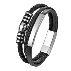 Men's multilayer black braided leather bracelet with cross charms and silver magnetic clasp