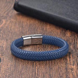 Men's navy blue braided leather bracelet with a polished stainless steel magnetic clasp