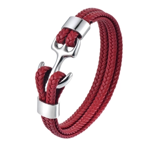 Bracciale multistrato in pelle intrecciata rossa con chiusura ad ancora in argento lucido