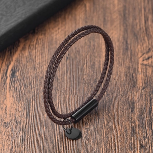 Double-layered brown braided leather bracelet for couples with black magnetic clasp