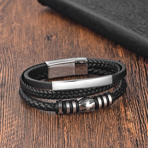 Men's multilayer black braided leather bracelet with stainless steel cross charm and magnetic clasp