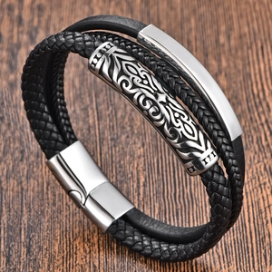 Men Multi-layer Braided Leather Bracelet With 316L Stainless Steel Magnetic Clasp Vintage Tribal Engraving Punk Jewelry