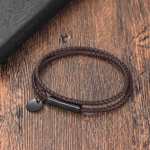 Brown woven leather double-wrap couple bracelet with black magnetic clasp and round tag