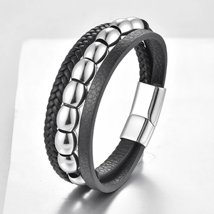 Bracelet Multicouche pour Homme en Cuir Véritable Tressé et Acier Inoxydable 316L Décontracté Poli avec Fermoir Magnétique Bijoux