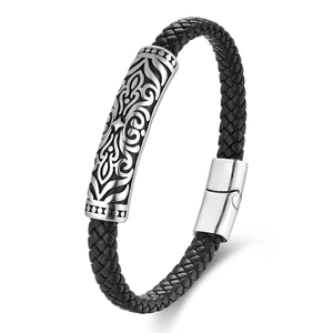 Men's vintage braided leather bracelet with engraved silver metal tube and magnetic clasp