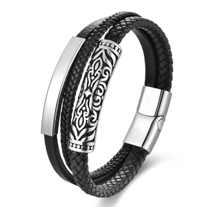 Mens multi-layer genuine leather braided bracelet with magnetic stainless steel clasp