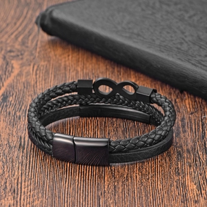 Men's multi-layer braided leather bracelet with black infinity charm and magnetic clasp