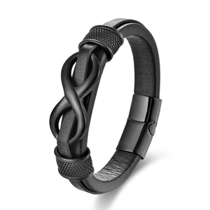 Men's minimalist black leather infinity bracelet with matte black magnetic clasp