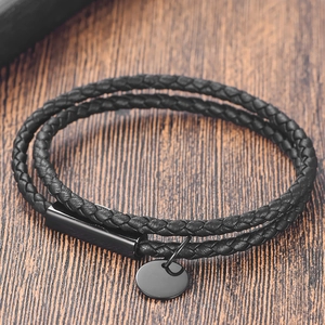 Unisex Double Wrap Braided Leather Bracelet With 316L Stainless Steel Magnetic Clasp Round Pendant Punk Fashion Jewelry