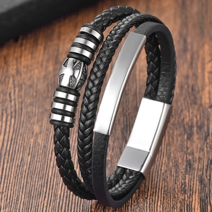Men Retro Woven Leather Bracelet Stainless Steel Cross Charm Multilayer Bracelet Magnetic Clasp Polished Fashion Jewelry