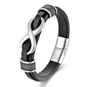 Men's minimalist black leather infinity bracelet with polished silver metal buckle