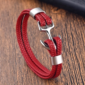 Bracciale Nautico in Pelle Intrecciata Rossa Con Chiusura Ad Ancora in Acciaio Inossidabile Uomo Vintage Avvolgente Gioielli Regalo