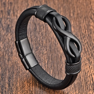 Men Genuine Leather Infinity Bracelet Stainless Steel Magnetic Clasp Minimalist Geometric Bangle Casual Jewelry Gift